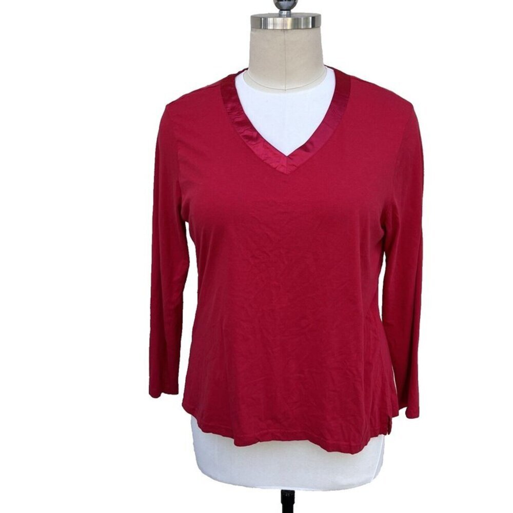 BLIS - Women's Red Satin Trimmed V Neck Long Sleeve Relaxed Tee 3X Plus